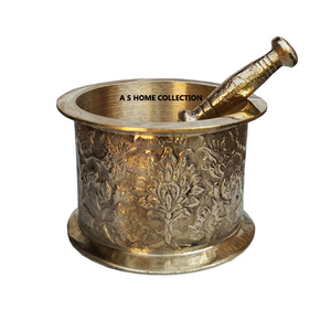 Pilon de mortier poli brillant décoratif de conception de fleur en laiton de conception de relief pour la cuisine et les épices - Product Image 4