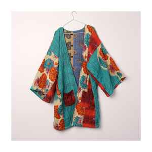 Chaqueta de Verano Reversible Acolchada de Algodón Tejida a Mano Tradicional para Mujer, Estilo Bohemio Vintage Kantha Kimono - Product Image 1