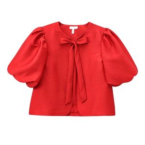 Top corto de verano para mujer de calle alta 100% algodón transpirable manga corta camisa roja con cordones cuello redondo patrón sólido Logo Decoración - Product Image 6