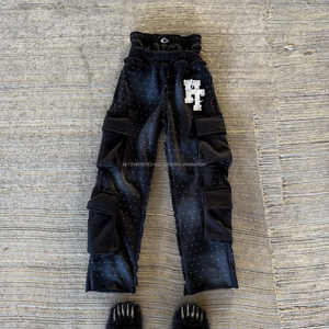 Pantalon brodé d'appliques à double couche Pantalon évasé vintage en coton lavé à l'acide et délavé au soleil pour hommes - Product Image 5