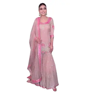 Lentejuelas indias bordadas Sharara Gharara Kurti Set Diseñador paquistaní Ropa étnica 3 piezas Traje de tela Georgette cosido - Product Image 1