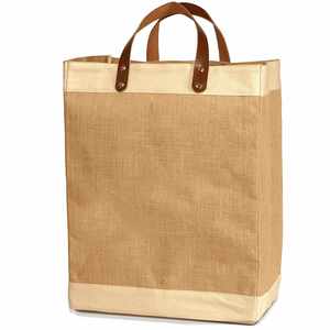 Vente en gros sac fourre-tout en jute naturelle robuste pour femmes sac d'épicerie en toile de jute écologique avec poignée en cuir - Product Image 1