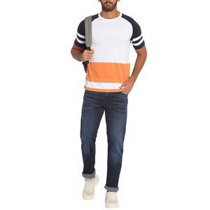 Camiseta de Manga Raglán con Bloques de Color para Hombre, Blanca, Azul Marino y Naranja, Corte Regular, Informal, de Algodón Jersey, Cuello Redondo - Product Image 5