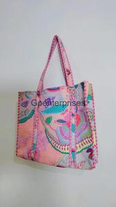 Traditional Indian Kantha Quilted Hand Block <b>Floral</b> Printed <b>Tote</b> <b>Bag</b> Large Casual Trendy Custom Fashion Accessory - Product Image 2