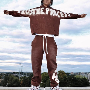 OEM Terry Embroidered Distressed Applique Logo Streetwear Vintage <b>Oversized</b> Two Piece <b>Jogger</b> Set Raw Hem Acid Wash Tracksuit Men - Product Image 4