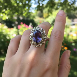 Bague en argent sterling avec améthyste |   Pierre précieuse de style vintage à taille ovale |   Bijoux en argent 925 faits à la main par des artisans - Product Image 3