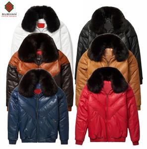 Blouson en cuir pour homme, col mandarin, style V-bomber, doudoune d'hiver décontractée, plusieurs couleurs disponibles, doublure en laine chaude - Product Image 1