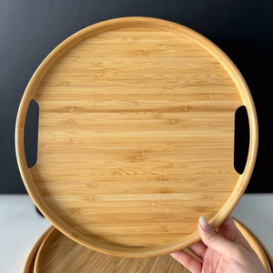 ถาดเสิร์ฟไม้ไผ่ทรงกลมมีหูจับ งานแฮนด์เมด ราคาขายส่ง ชุดถาดร้านอาหารทรงกลม - Product Image 1