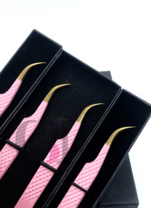 แหนบต่อขนตาสแตนเลสปลายโค้งสีชมพูอ่อนรูปแบบใหม่ดีไซน์ปลายทองปลายโค้งอุปกรณ์ความงาม - Product Image 3