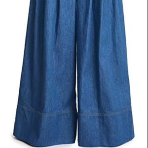 กางเกงผู้หญิงขาสั้นขาบานผ้ายีนส์สีน้ำเงินสไตล์วินเทจทรงสลิมฟิต - Product Image 1