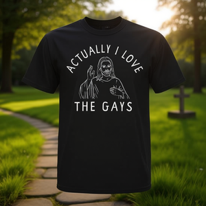 T-Shirt 'In realtà amo gli omosessuali' Ispirata alla Religione Cristiana con Citazione di Gesù, Abbigliamento Promozionale - Product Image 3