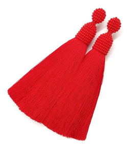 Red Dangle Tassel Earrings Clip on Earrings or <b>Silver</b> <b>Studs</b> - Trendy Earrings Fringe Tassel Earrings - Gold - Long - Product Image 2