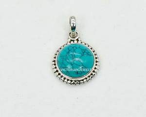 จี้นำโชคเดือนพลอยเทอร์ควอยซ์สีเงินสเตอร์ลิง925พร้อมฐานหนามเตยทรงกลม - Product Image 2