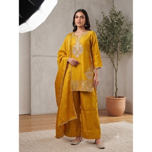 Ensemble Kurta Palazzo en Soie Brodé pour Femme avec Dupatta - Manches Trois-Quarts en Satin, Col en V Élégant, Printemps/Été - Product Image 1