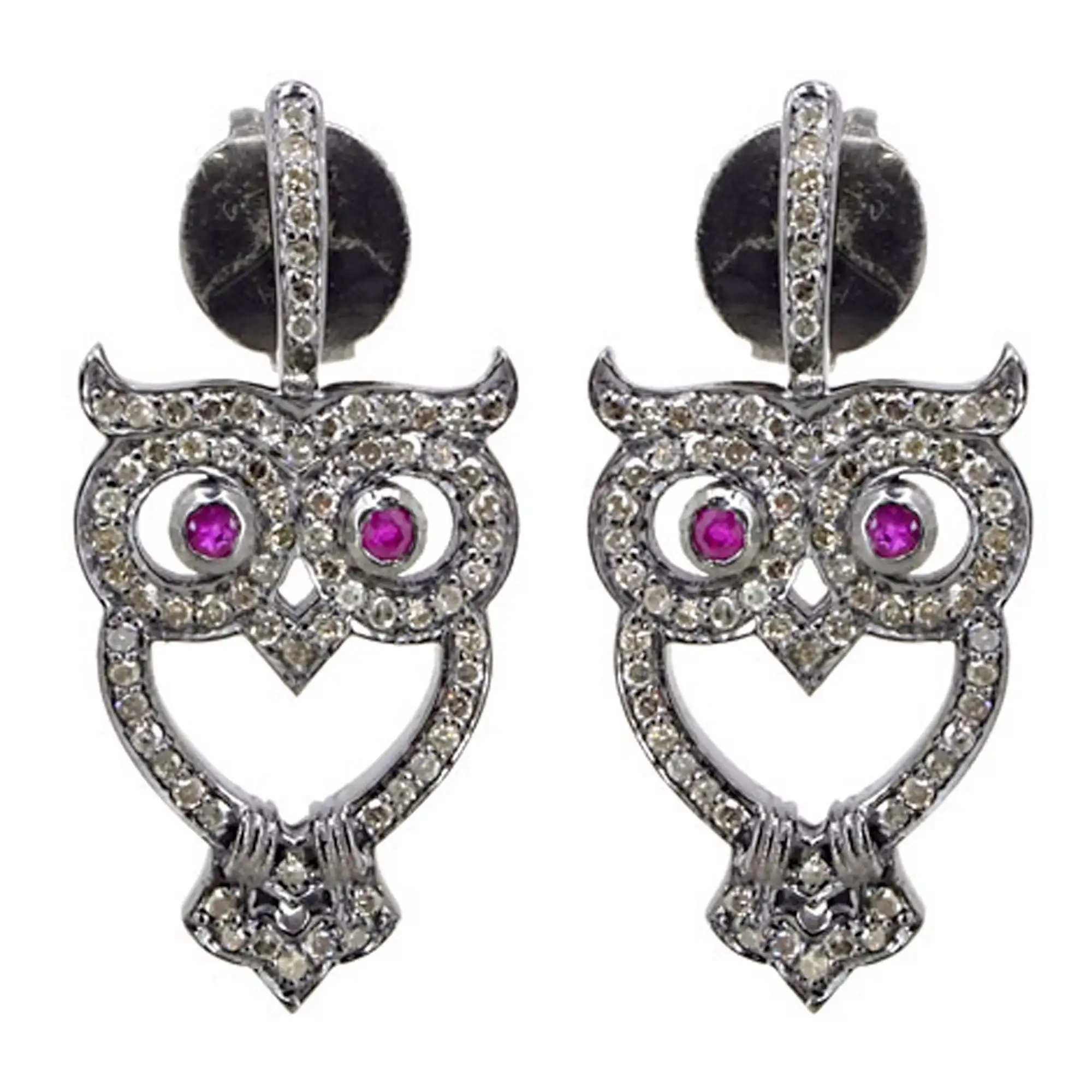 Owl Earrings in 14k Yellow Gold and 925 Sterling Silver with Ruby Natural Pave Diamond Stud Earrings Fine Jewelry Manufacturer