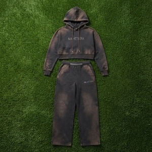 Custom <b>Women</b> Acid Wash Dark Brown Cropped Hoodie Wide Leg <b>Jogger</b> Set Cotton <b>Fleece</b> Streetwear Tracksuit OEM Wholesale - Product Image 6