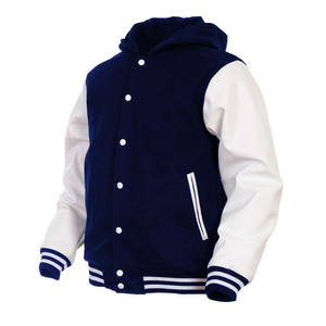 Chaqueta Unisex Estilo Universitario con Capucha Multicolor, Mangas Blancas en Contraste, Ribete Acanalado a Rayas, Botones a Presión, Moda Urbana - Product Image 4