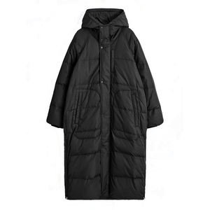 Fashionable <b>Men's</b> Long Waterproof Hooded Puffer Down Coat <b>Black</b> Color Side Two Pocket Casual Winter Wear - Product Image 1
