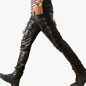 กางเกงหนังสำหรับผู้ชายกางเกงหนังแฟชั่นสำหรับผู้ชายกางเกงหนังแบบลำลองทรงสลิมฟิต - Product Image 4
