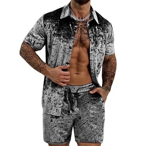 Premium Quality Buttons Down <b>Mens</b> Velour Velvet T-<b>Shirt</b> & Short Sets Jogging Running Outdoor <b>Beach</b> Wears Streetwear Twin Sets - Product Image 1