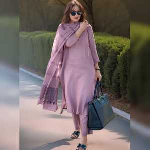 Conjunto de 3 Piezas de Kurta-Pantalón-Dupatta Recto de Algodón Rosa de Secado Rápido para Verano, Salwar Kameez hasta la Pantorrilla con Dobladillo - Product Image 1