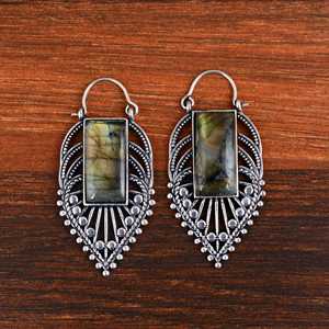 Novedad de moda: Pendiente de aro de labradorita, joyería tribal de latón para mujer, chapado en plata, estilo bohemio geométrico llamativo, venta al por mayor/OEM - Product Image 5