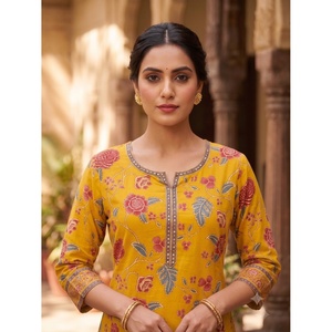 Ensemble Kurta Salwar en coton brodé jaune pour femme de Rama, imprimé à la main, séchage rapide, pour l'été, usage quotidien, fête, tenue ethnique indienne - Product Image 2