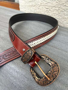 เข็มขัดคาดเอวหนังแท้สำหรับทุกเพศ, เข็มขัดลายดอกไม้ทำมือสไตล์ตะวันตก - Product Image 3