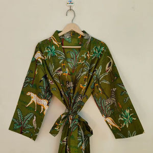 Robe Kimono Longue à Manches Longues à Col en V à Imprimé Jungle pour Femmes 100% Coton Casual Luxe - Product Image 1