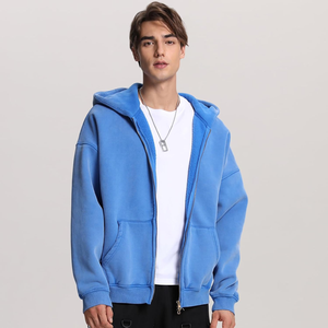 Personnalisable Stone-Washed Digital Imprimé Oversize Two-Way Zipper Hoodie ourlet côtelé et manchette y2k streetwear pour hommes - Product Image 5