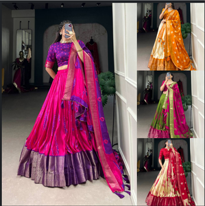 ชุดเลเฮนกาชิโบริพิมพ์ลายโดลาผ้าไหมสีม่วงหรูหราพร้อมเสื้อบันเฮจและพู่ zari dupatta สำหรับงานแต่งงานและเทศกาล - Product Image 5