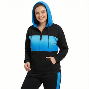 Sweatshirts à capuche pour femmes, sur mesure, à blocs de couleur, avec cordon de serrage, col Henley, poche kangourou, décontractés, vente en gros, hauts à enfiler - Product Image 1