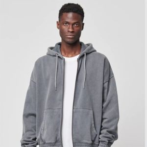 IOTA SPORTS Acid Wash Zip Up Hoodies Logotipo personalizado Trendy Boxy Fit Drop Shoulder Brush Bordado Streetwear Moda ZipUp Hoodies - Product Image 2