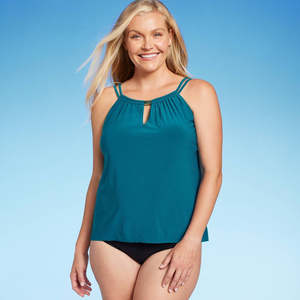 Top Tankini da donna Aqua Green UPF 50 con scollo a goccia e collo alto, colore turchese, taglia L - Product Image 1