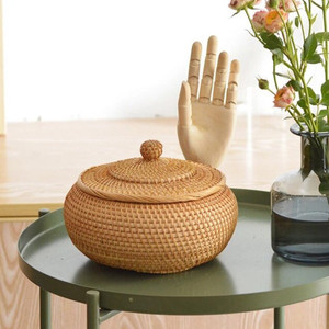 Hand Rattan Storage Baskets <b>With</b> <b>Lid</b> Round Rattan Tea <b>Box</b> Storage and Organization Wicker Food Bread Table Storage Basket - Product Image 1