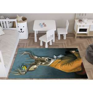 Alfombra Moderna de Lana Estampada con Diseño de Patchwork, Patrón Personalizado de Ciervo con Traje, Respaldo de Látex Antideslizante Ecológico, Alfombra Goblen - Product Image 5