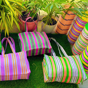 Bolsas de compras de rayas ecológicas de PP tejidas recicladas de nailon Plástico de polipropileno reciclado sostenible Hecho EN LA India-Opciones a granel - Product Image 1