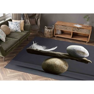 Alfombra de Terciopelo de Lana con Estampado de Parches de Piedras y Plumas - Respaldo de Látex Ecológico, Estilo Tradicional - Product Image 3