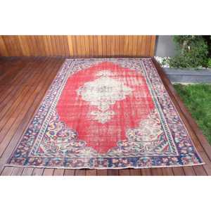 5.8x8.7 ft Rug, Turkish Vintage Rug, <b>Red</b> Blue Plants & trees <b>Wool</b> Rug - Product Image 1