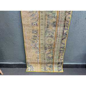 พรมวินเทจขนาด 1.9x6.4 ฟุต, พรมตุรกีแบบ Runner, พรมลายดอกไม้สีเหลืองน้ำเงิน - Product Image 2