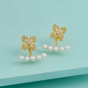 Trendy Vintage Women's Stud Earrings 192727 <b>Flower</b> Tassel Design Zircon Pearl Pave Setting Made Zinc Alloy Brass Stainless Steel - Product Image 1