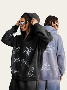 Sweat-shirt à capuche vintage brodé de style rétro, lavé, imprimé intégral, 100% coton, ample, fermeture éclair, automne - Product Image 2