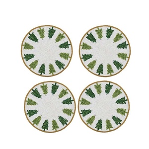 <b>Green</b> Christmas Tree Design Round Beaded White with Brown Outline Handmade <b>Coaster</b> Set of Four Pieces - Product Image 1