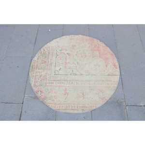 Alfombra Turca Redonda de 2.9x2.9 pies (88x88 cm), Alfombra de Lana Blanca Vintage con Diseño Floral - Product Image 1