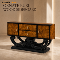 Buffet de luxe en bois de burl, armoire de rangement ornée noire sculptée pour salle à manger et hôtel