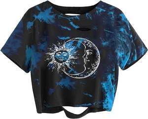 Femme Sun Moon Graphic Distressed Crop Top Oversized Short Sleeve Ripped Tee Shirt - Product Image 1