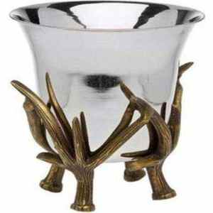 Grand saladier créatif en métal argenté brillant avec support en bois de cerf antique et motif feuille d'arbre marron, idéal pour la cuisine - Product Image 1