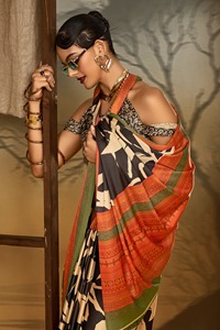 Designer indiano bellissimo abbigliamento indiano Designer con stampa Ajrakh in crêpe Saree Design Pakistani da sposa e da festa sari - Product Image 2