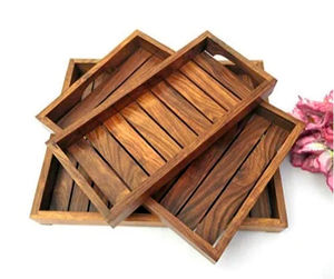 Ensemble de 3 plateaux en bois design pour cadeaux de mariage Plateau de service décoratif en bois aspect brillant - Product Image 1