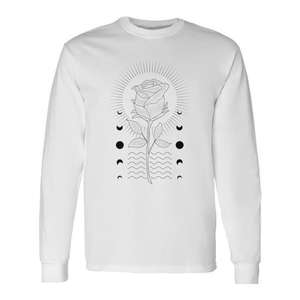 Camiseta de Manga Larga Premium con Símbolos Místicos de Rosa, Sol, Agua, Fase Lunar y Horóscopo, Ropa Promocional Elegante - Product Image 1